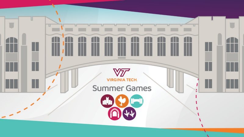 Image of Torgerson Bridge with the Virginia Tech logo, the words Summer Games, and the five Virginia Tech Summer Games rings.